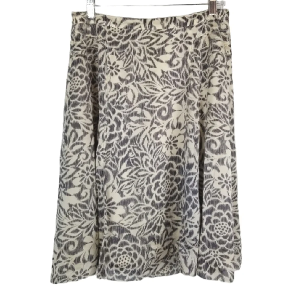 Sigrid Olsen Silk Midi Skirt Womens Size 6 A Line Floral Print Artsy Cream Gray